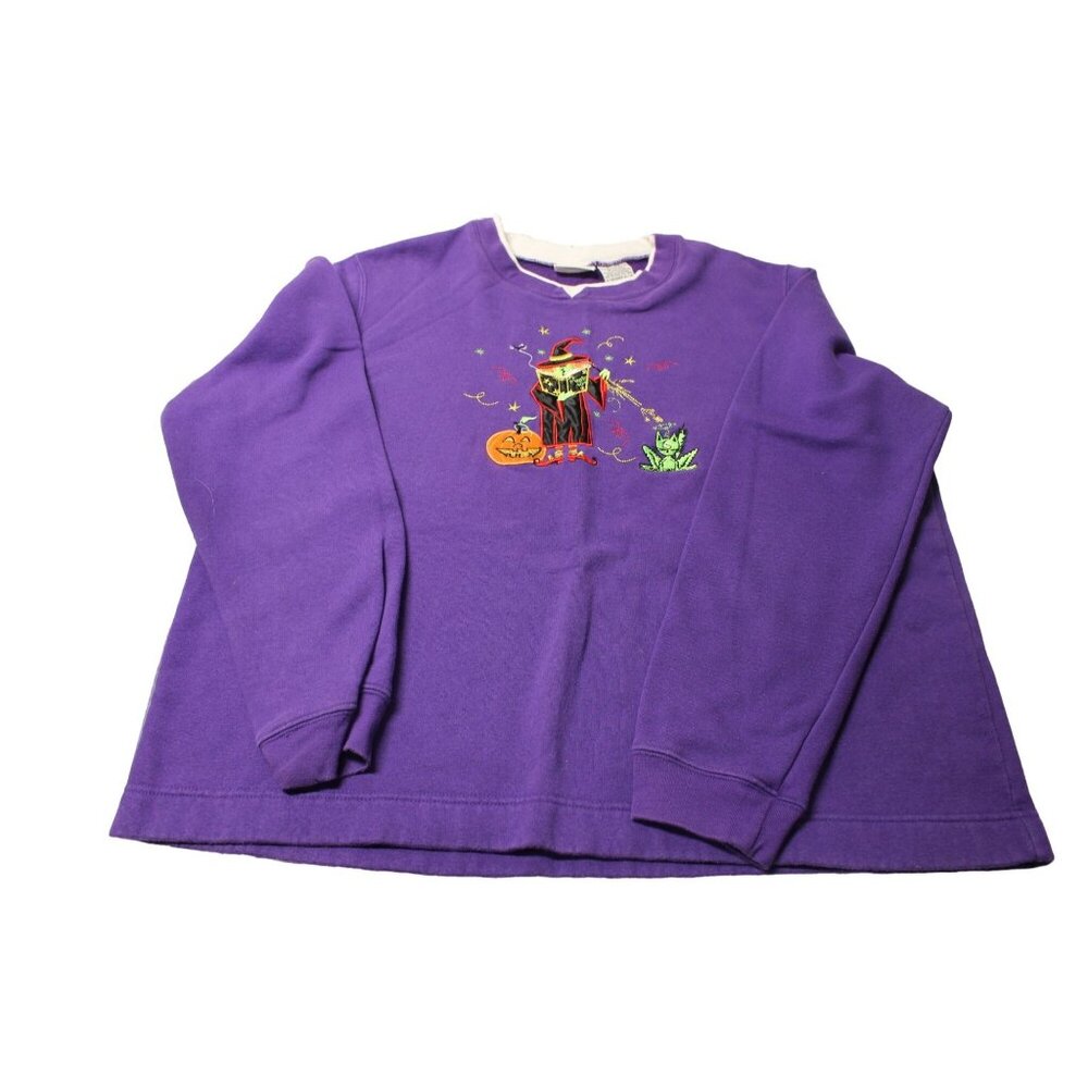 White Stag Womens Halloween Sweatshirt X-Large Purple Witch & Cat Embroidery